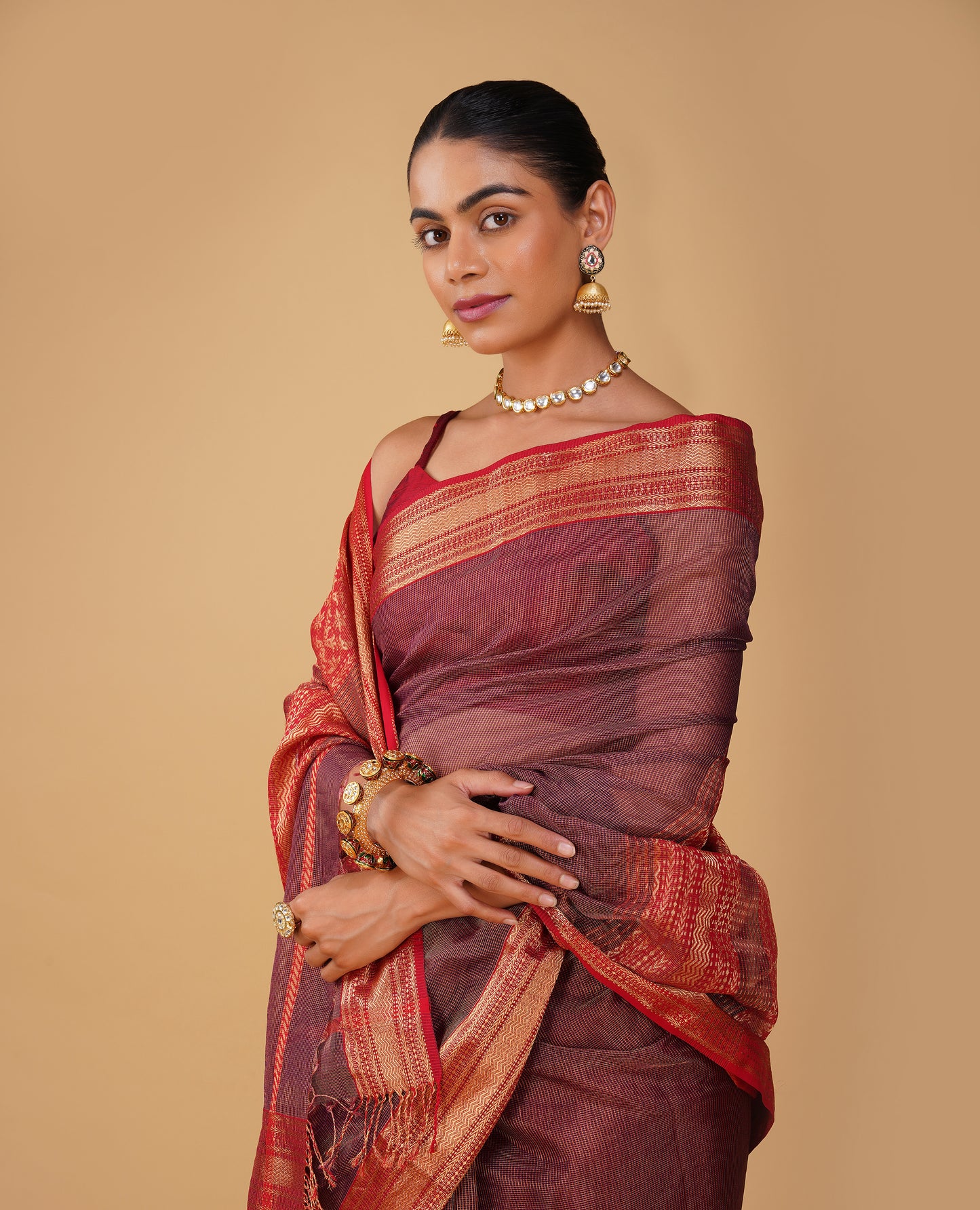 PURPLE TISSUE CHECKS MAHESHWARI SAREE WITH RED CONTRAST BORDER, PALLA & BLOUSE