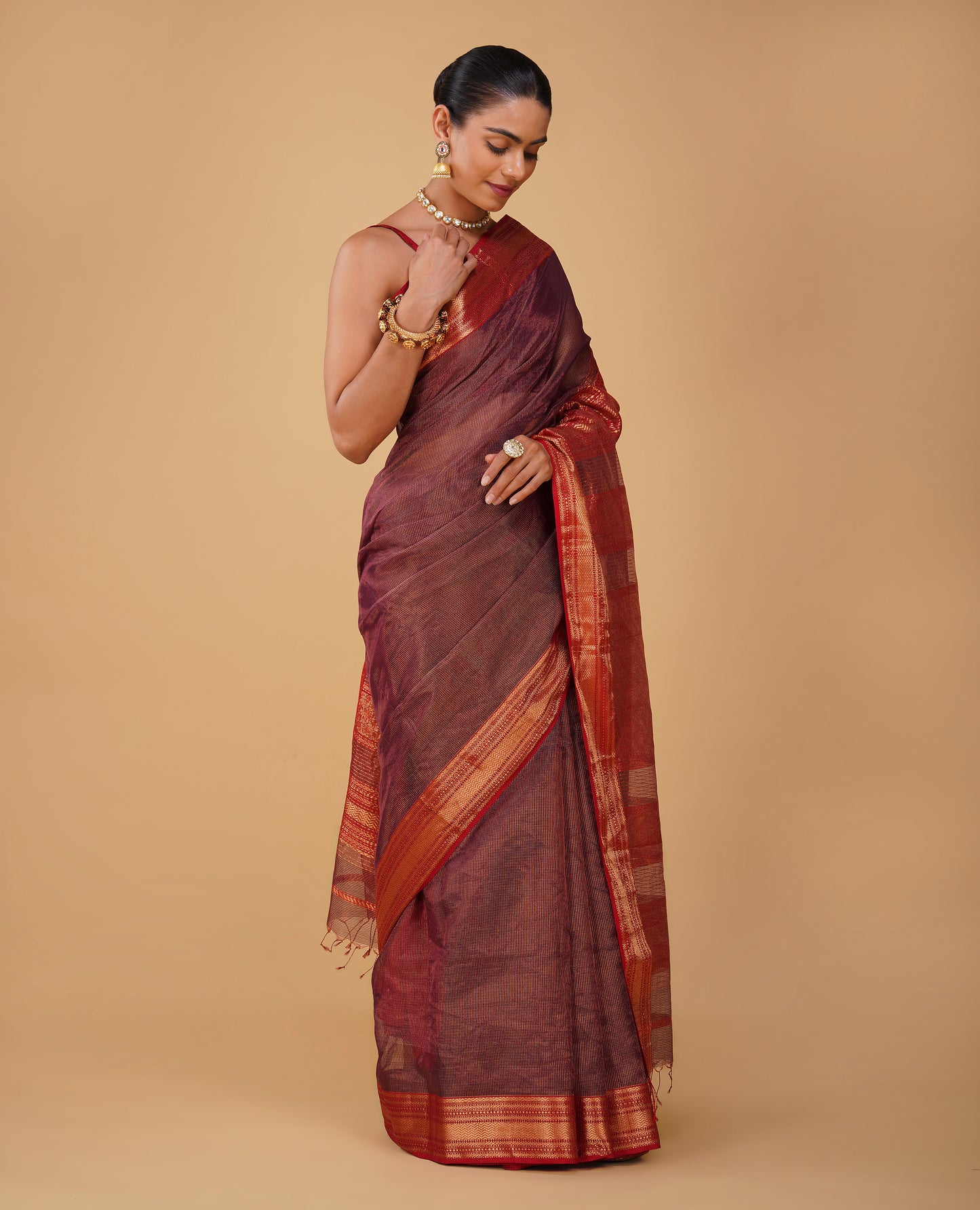 PURPLE TISSUE CHECKS MAHESHWARI SAREE WITH RED CONTRAST BORDER, PALLA & BLOUSE