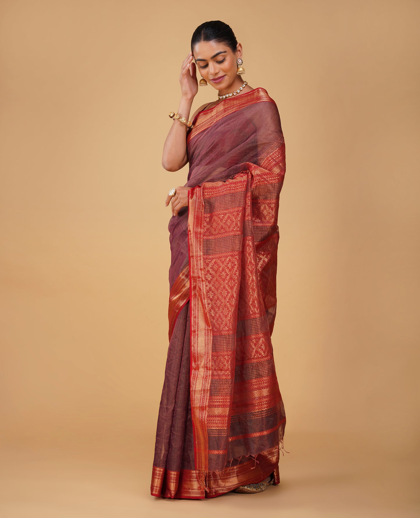 PURPLE TISSUE CHECKS MAHESHWARI SAREE WITH RED CONTRAST BORDER, PALLA & BLOUSE