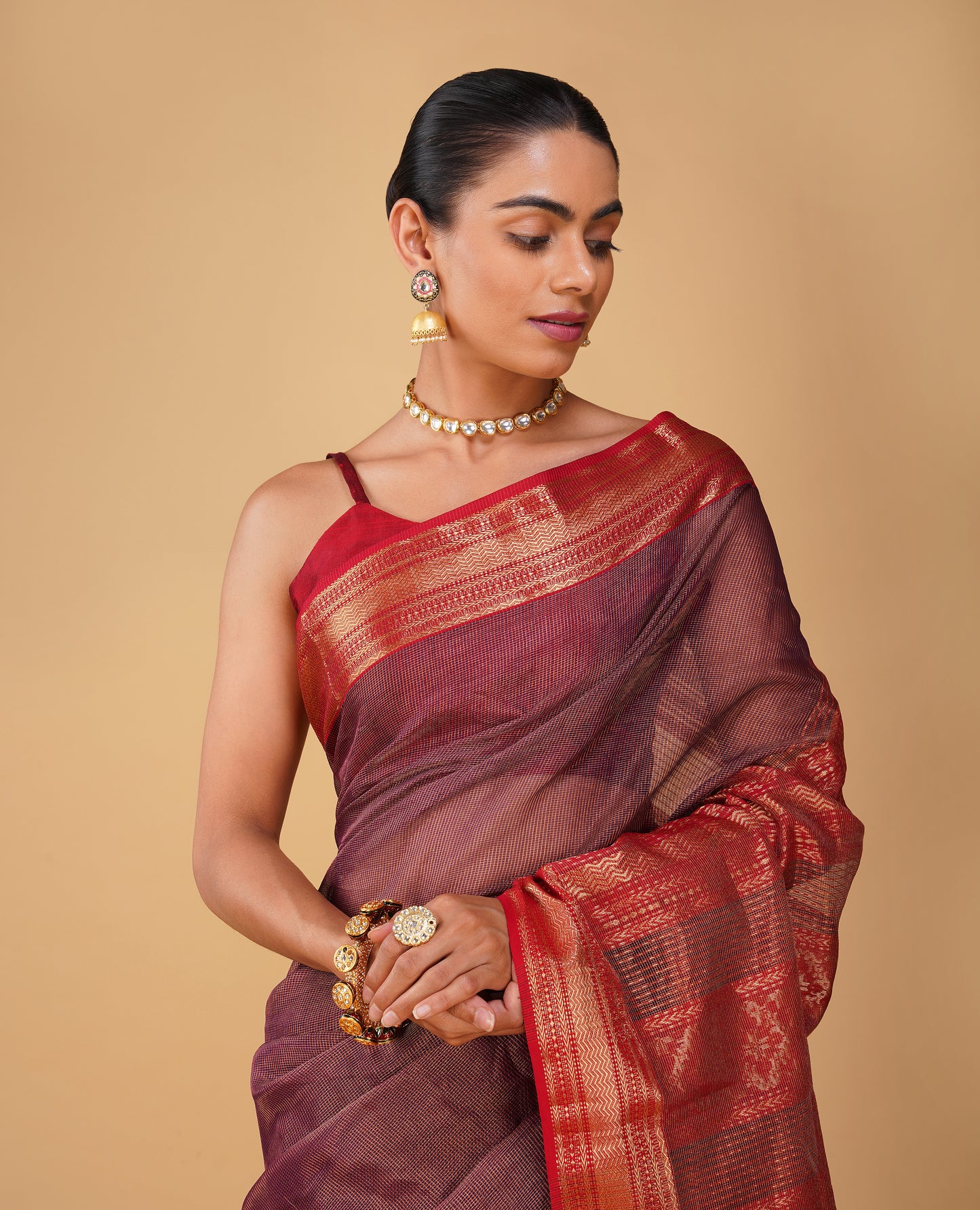 PURPLE TISSUE CHECKS MAHESHWARI SAREE WITH RED CONTRAST BORDER, PALLA & BLOUSE