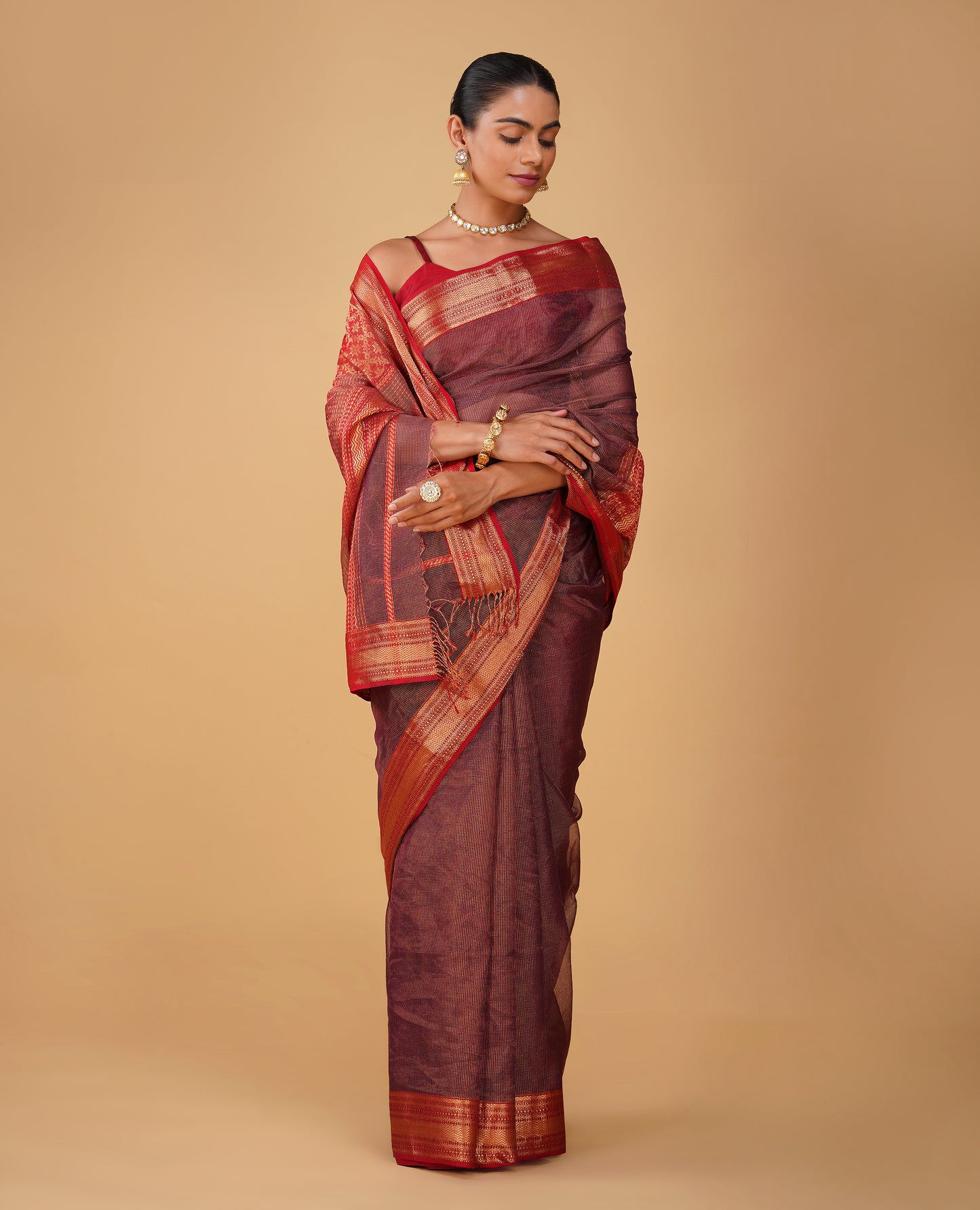 PURPLE TISSUE CHECKS MAHESHWARI SAREE WITH RED CONTRAST BORDER, PALLA & BLOUSE