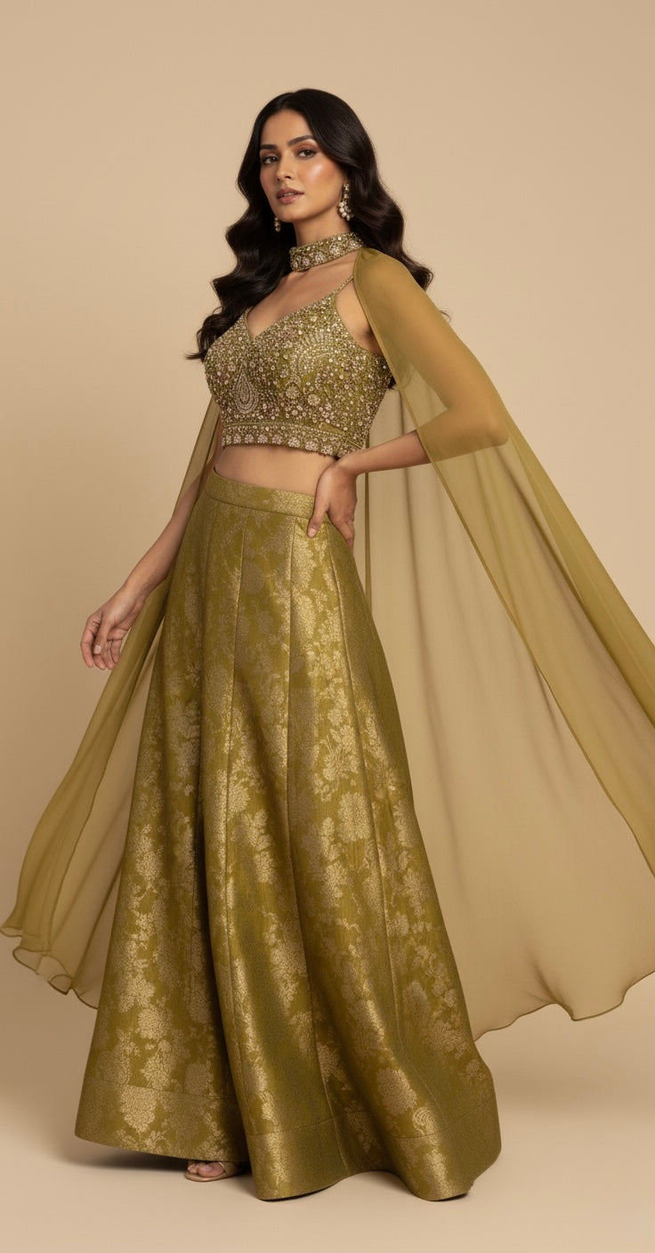 MEHENDI GREEN BROCADE TISSUE PALAZZO PANT WITH BEADS & SEQUINS EMBELLISHED CROP TOP AND DUPATTA