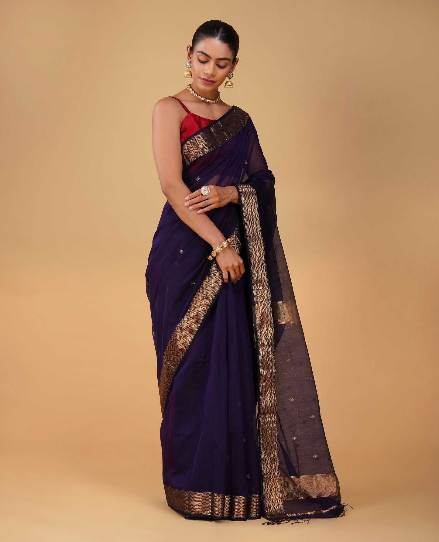 (Deliver in 15days) PURPLE MAHESHWARI SAREE WITH 3-INCH DIAMOND DRILL BORDER
