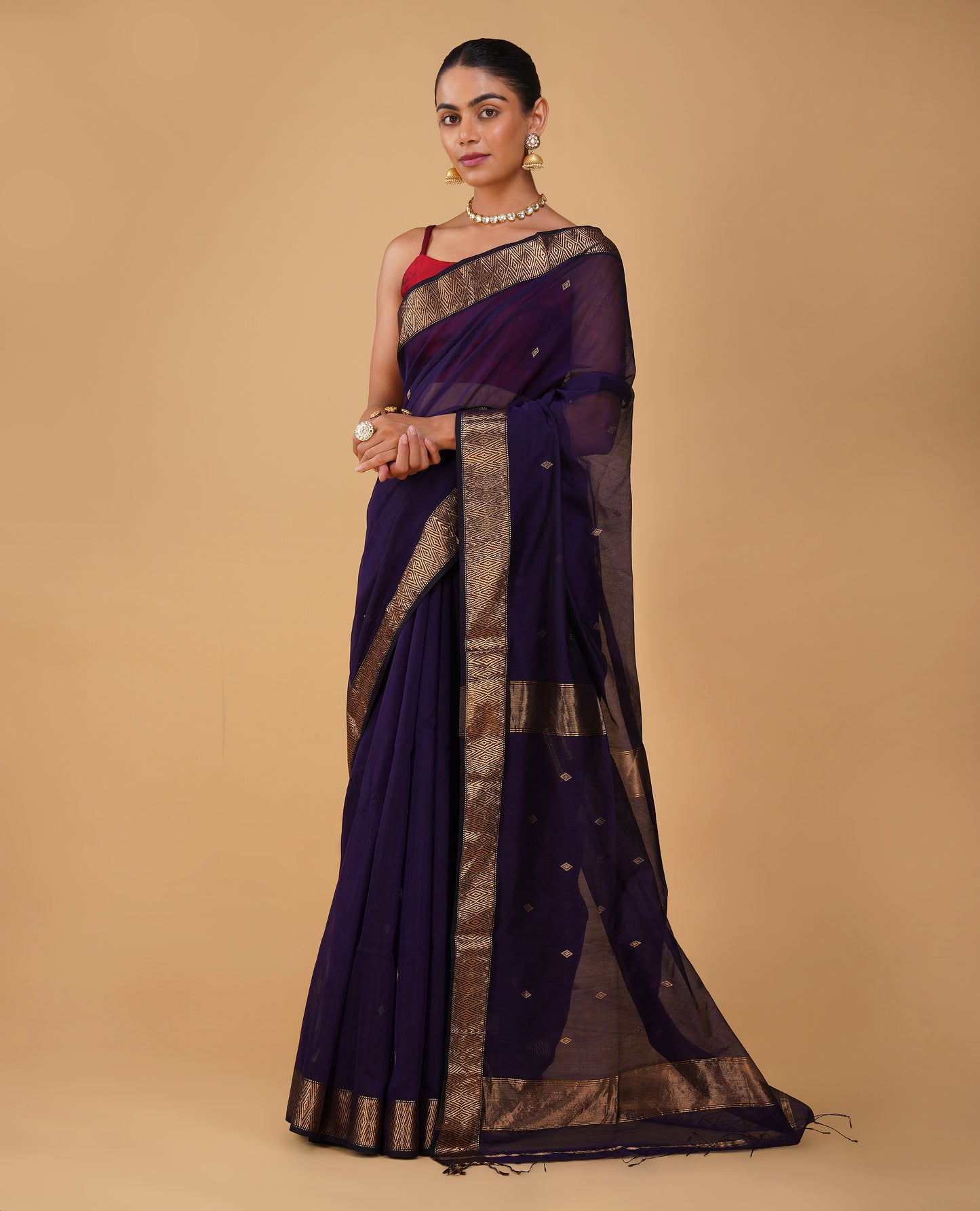 (Deliver in 15days) PURPLE MAHESHWARI SAREE WITH 3-INCH DIAMOND DRILL BORDER