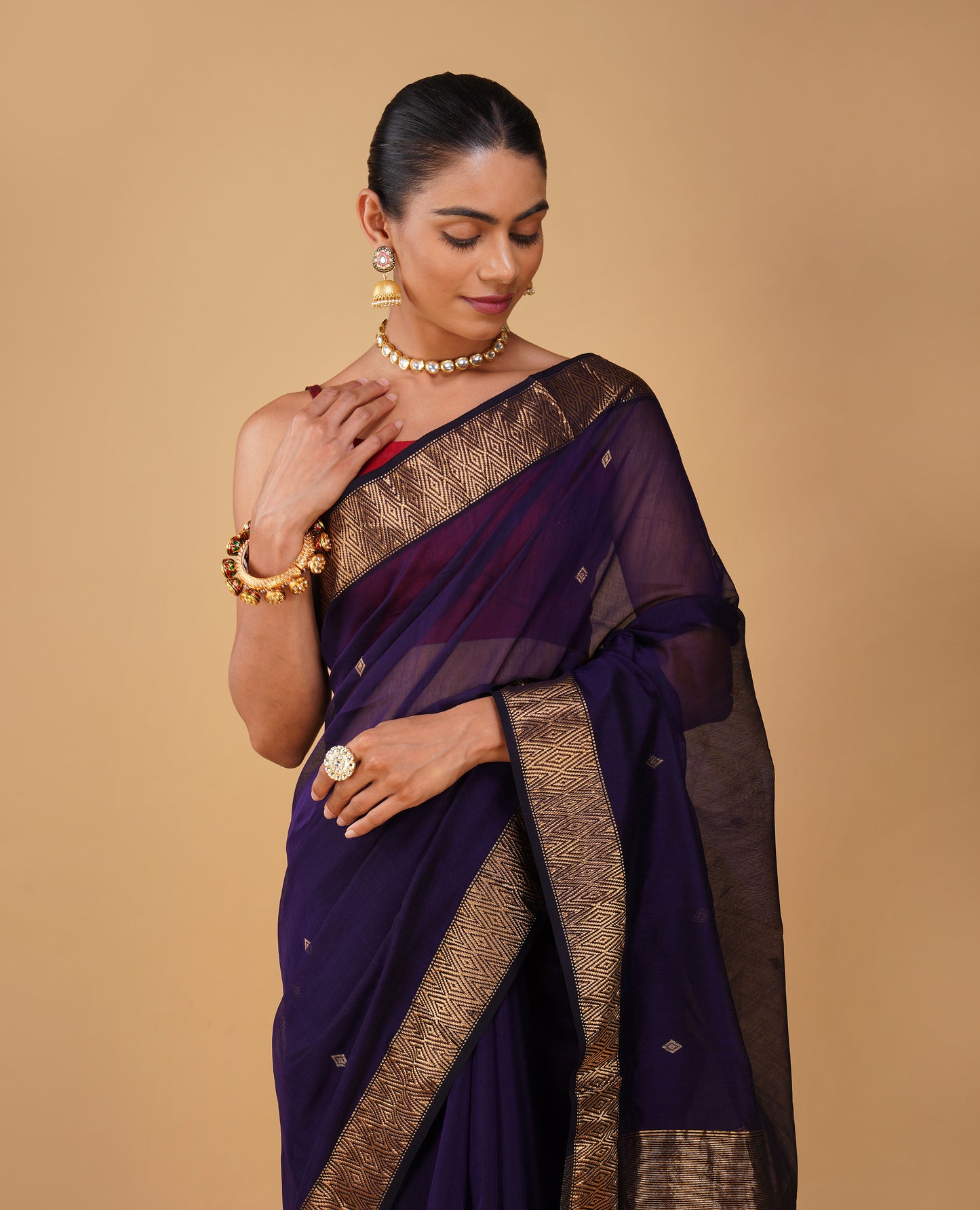 (Deliver in 15days) PURPLE MAHESHWARI SAREE WITH 3-INCH DIAMOND DRILL BORDER