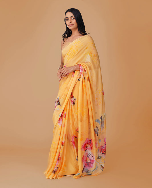 YELLOW  CHINON PRINTED SAREE WITH PLAIN BLOUSE