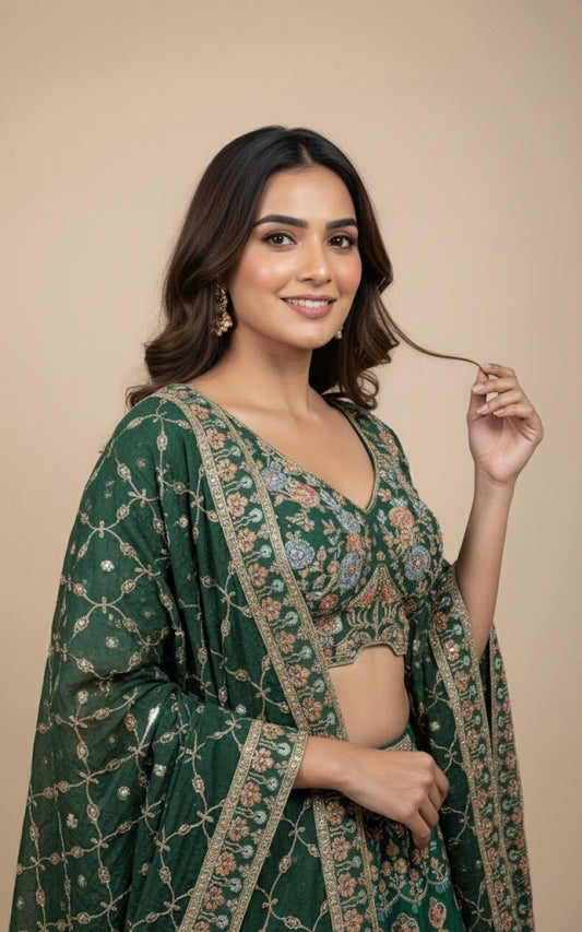 EMERALD GREEN CREPE SILK PICHWAI LEHENGA WITH AARI, DORI, MIRROR & SEQUINS WORK HIGHLIGHTS (DELIVERY IN 30 DAYS)