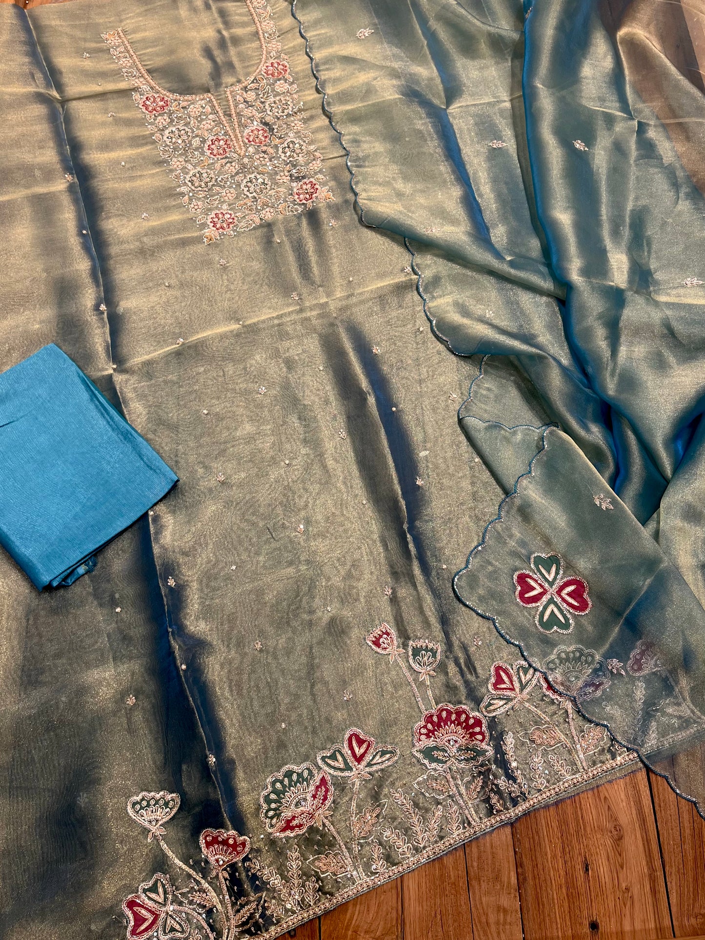 TEAL COLOUR TISSUE UNSTITCHED SUIT SET EMBELLISHED WITH CUTDANA & SEQUINS WORK (DELIVERY IN 20 DAYS)