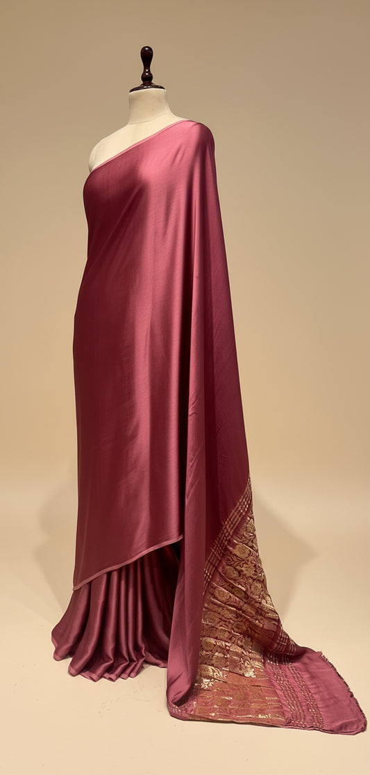 TURKISH ROSE COLOUR MODAL SILK SATIN SAREE WITH BANARASI PALLA