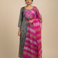 GREY & FUCHSIA PINK CHANDERI TISSUE SUIT EMBELLISHED WITH ZARDOZI WORK, PAIRED WITH A CRUSHED STRIPE DUPATTA