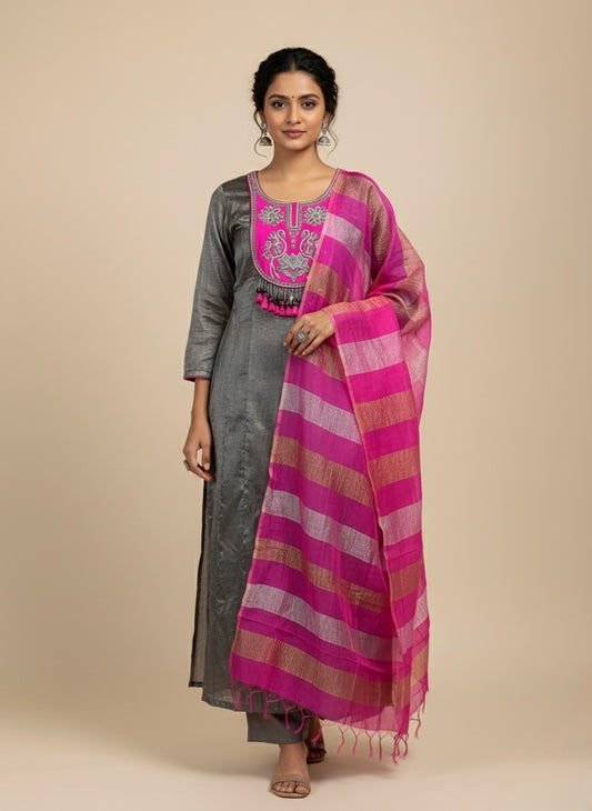GREY & FUCHSIA PINK CHANDERI TISSUE SUIT EMBELLISHED WITH ZARDOZI WORK, PAIRED WITH A CRUSHED STRIPE DUPATTA