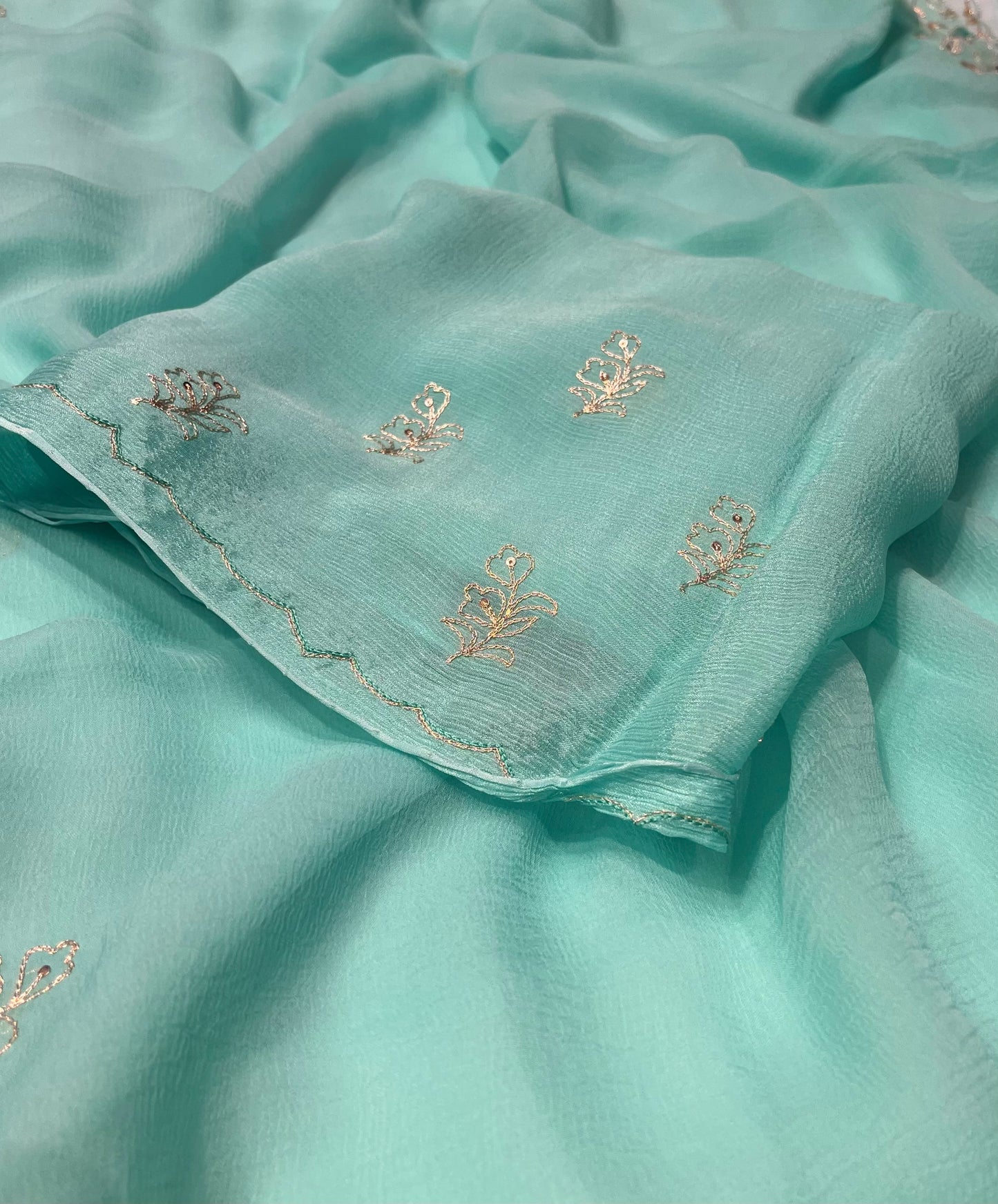 LIGHT BLUE CHIFFON SAREE EMBROIDERED WITH AARI WORK - Kothari Sons