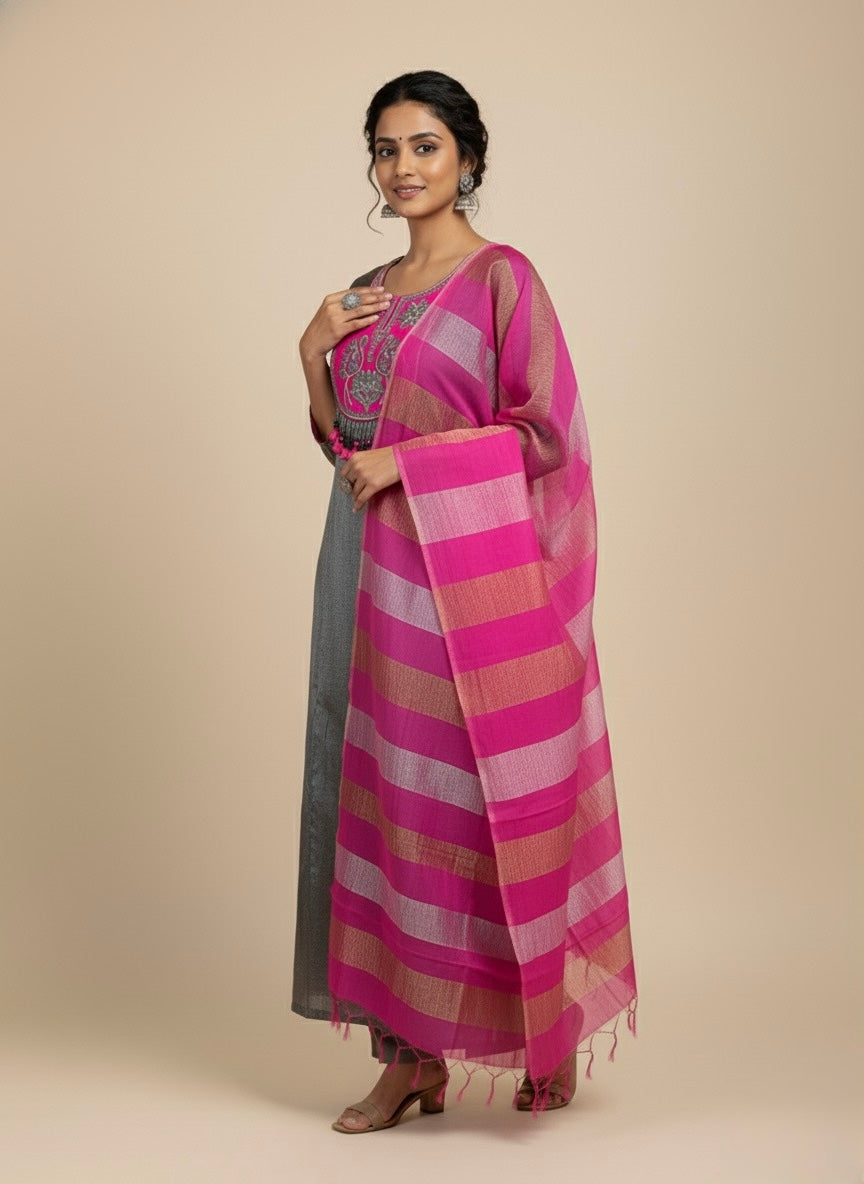GREY & FUCHSIA PINK CHANDERI TISSUE SUIT EMBELLISHED WITH ZARDOZI WORK, PAIRED WITH A CRUSHED STRIPE DUPATTA