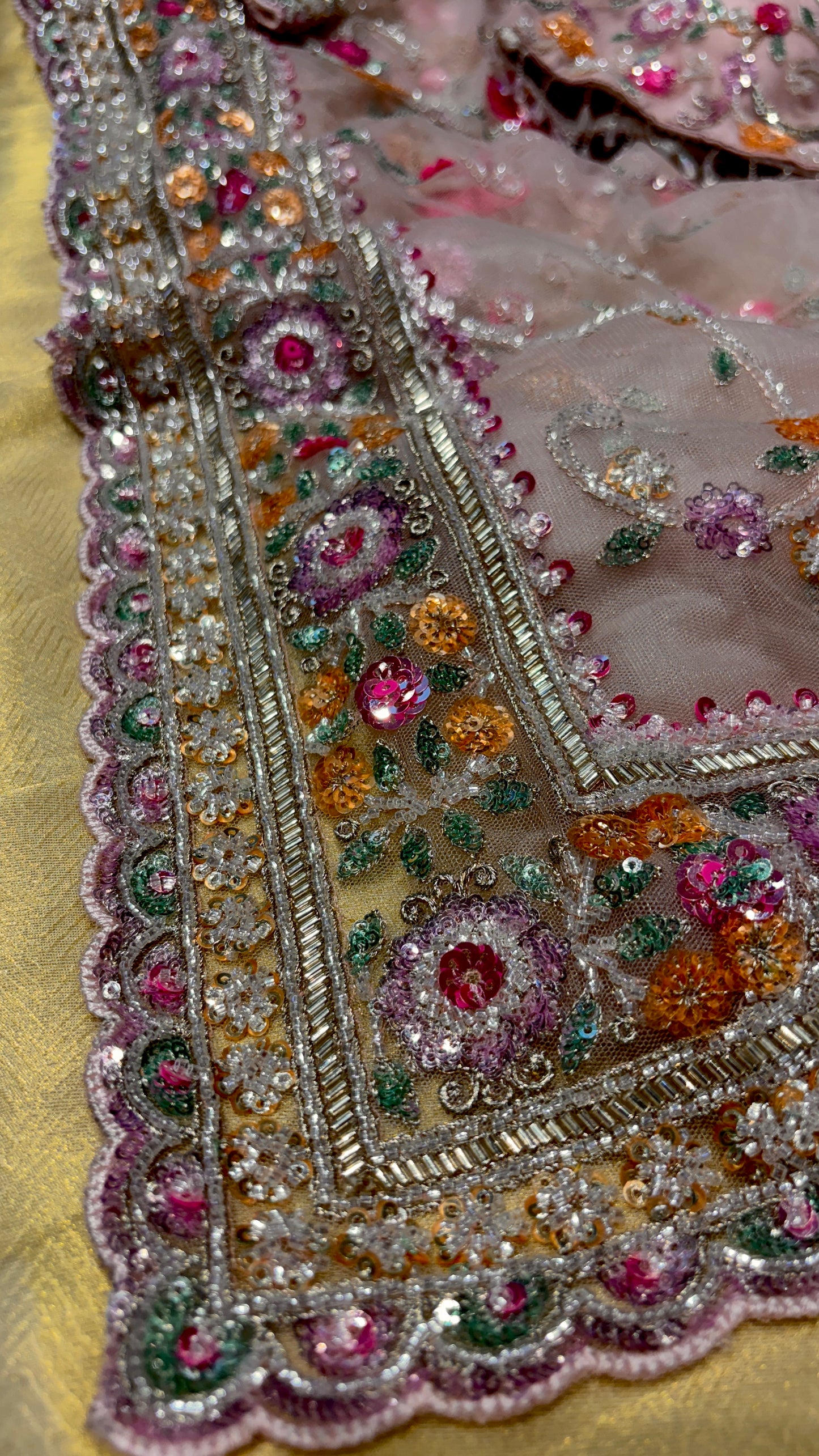 PINK NET SAREE WITH SEQUINS EMBROIDERY AND READYMADE BLOUSE