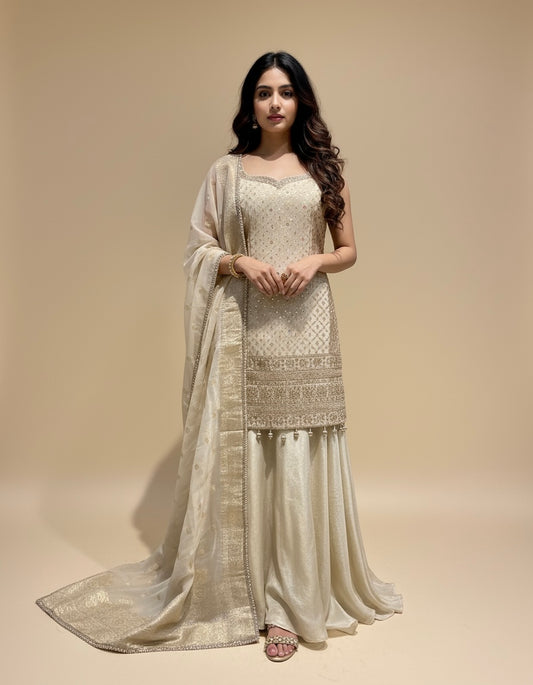 IVORY TISSUE KURTA WITH ZARI & SEQUINS EMBELLISHMENTS PAIRED WITH PALAZZO PANTS