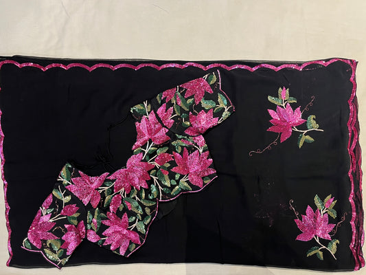 BLACK PURE GEORGETTE SAREE WITH SEQUIN-EMBROIDERED MOTIFS & READYMADE BLOUSE (DELIVERY IN 20 DAYS)