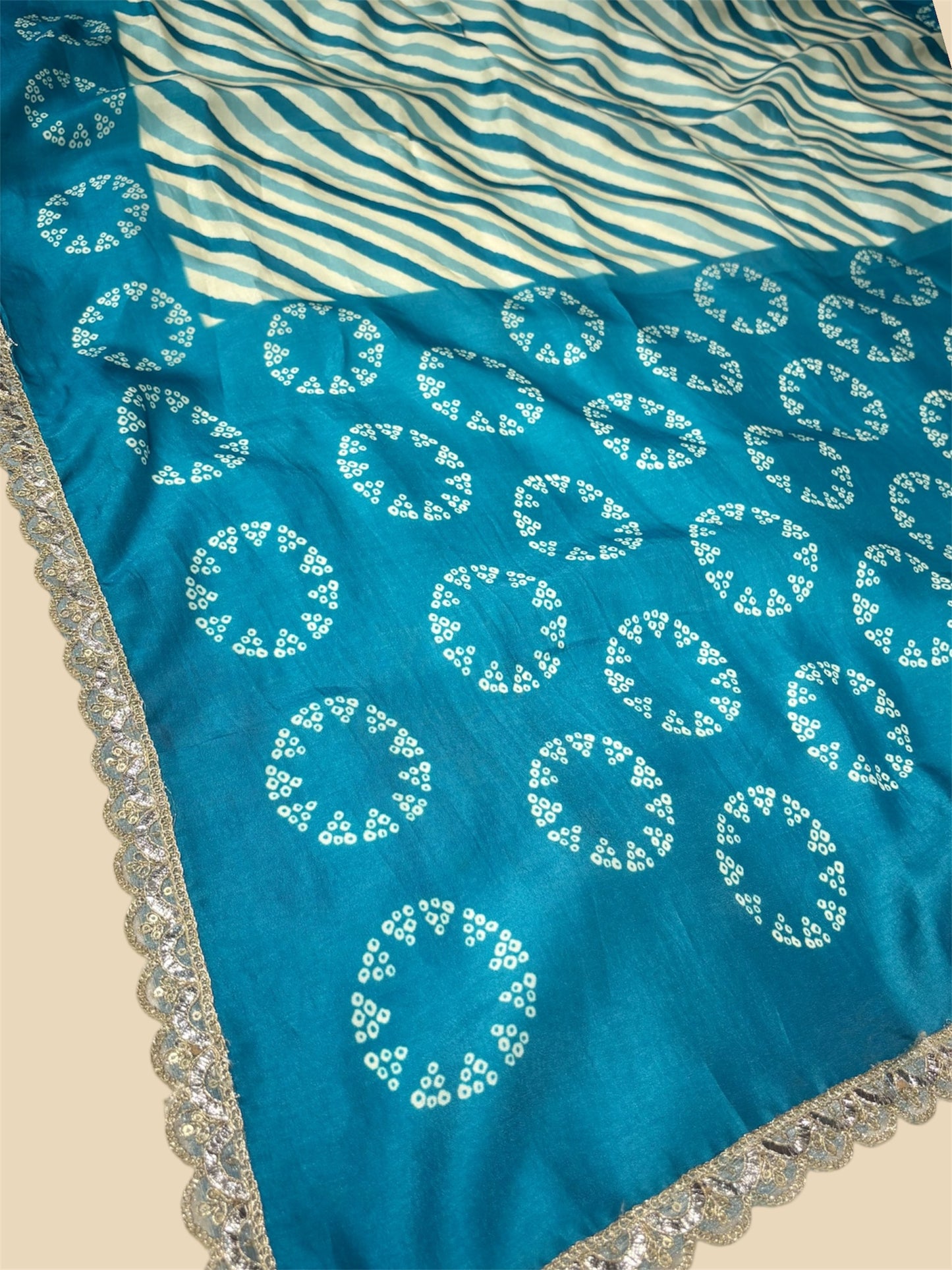 TURQUOISE COLOUR ART SILK LEHERIYA–BANDHANI PRINTED SAREE WITH LACE BORDER