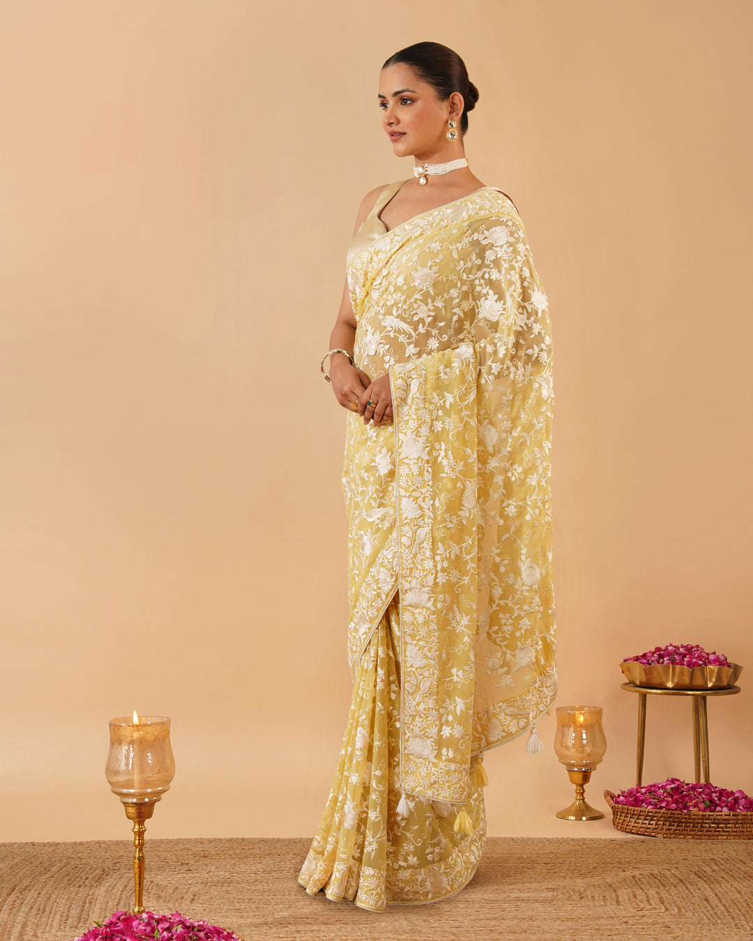 LIGHT YELLOW PARSI (GARA) EMBROIDERED CHIFFON SAREE