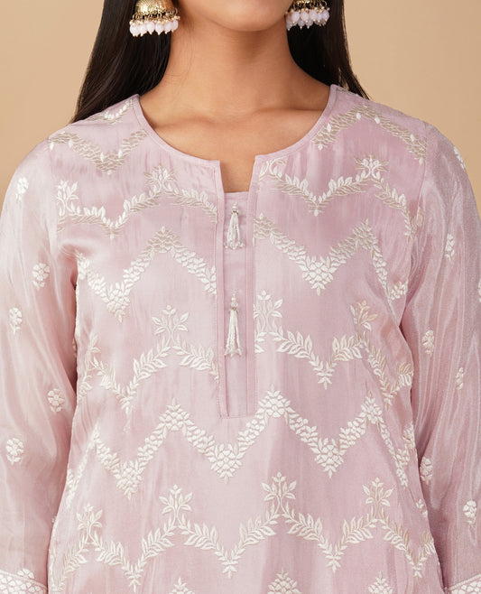 (DELIVERY TIME 20 DAYS) PASTEL PINK RESHAM EMBROIDERED TISSUE READYMADE SUIT WITH DUPATTA & PANTS