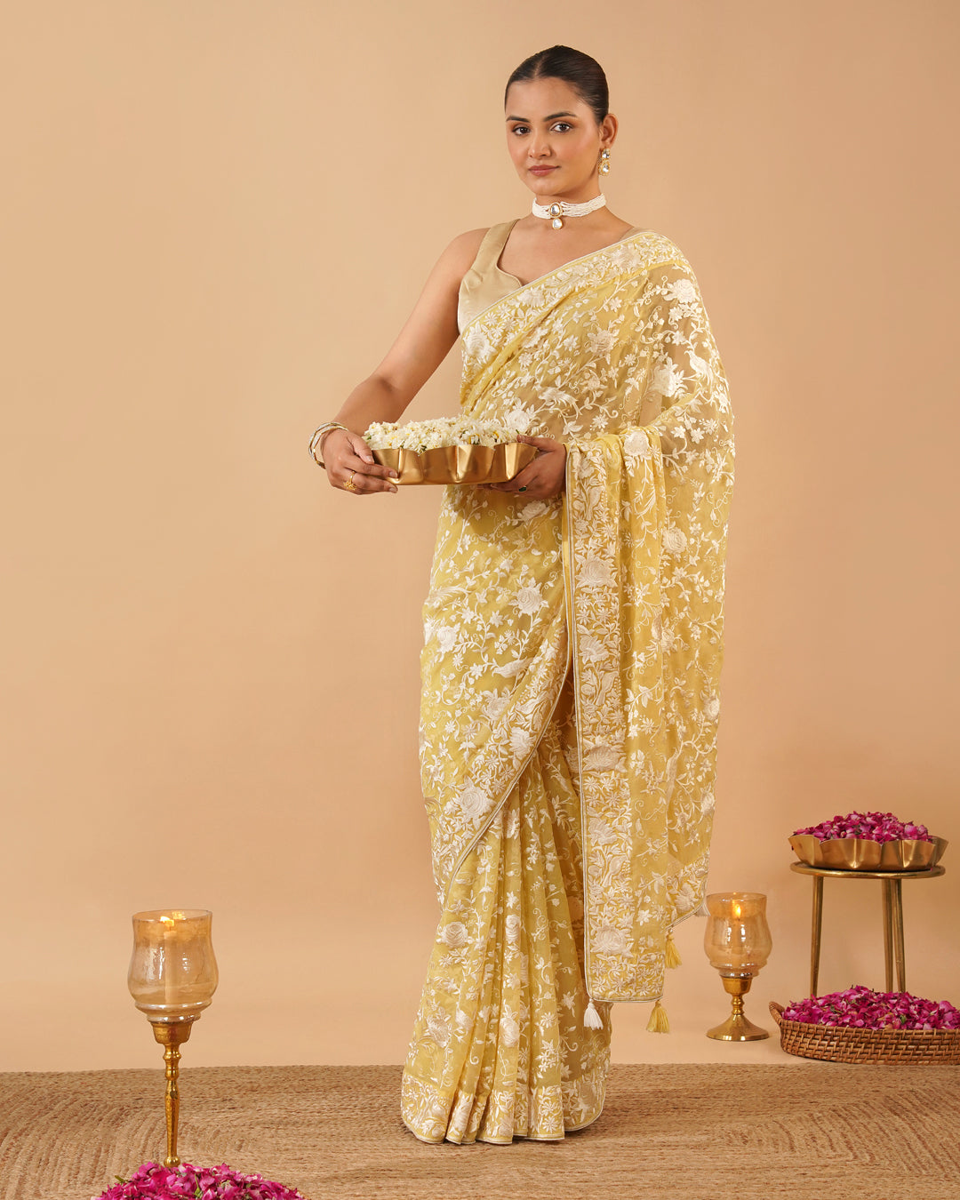 LIGHT YELLOW PARSI (GARA) EMBROIDERED CHIFFON SAREE