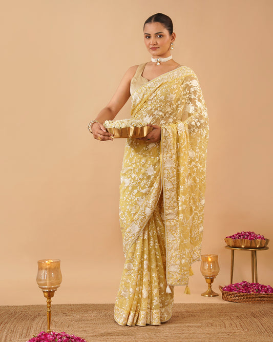 LIGHT YELLOW PARSI (GARA) EMBROIDERED CHIFFON SAREE