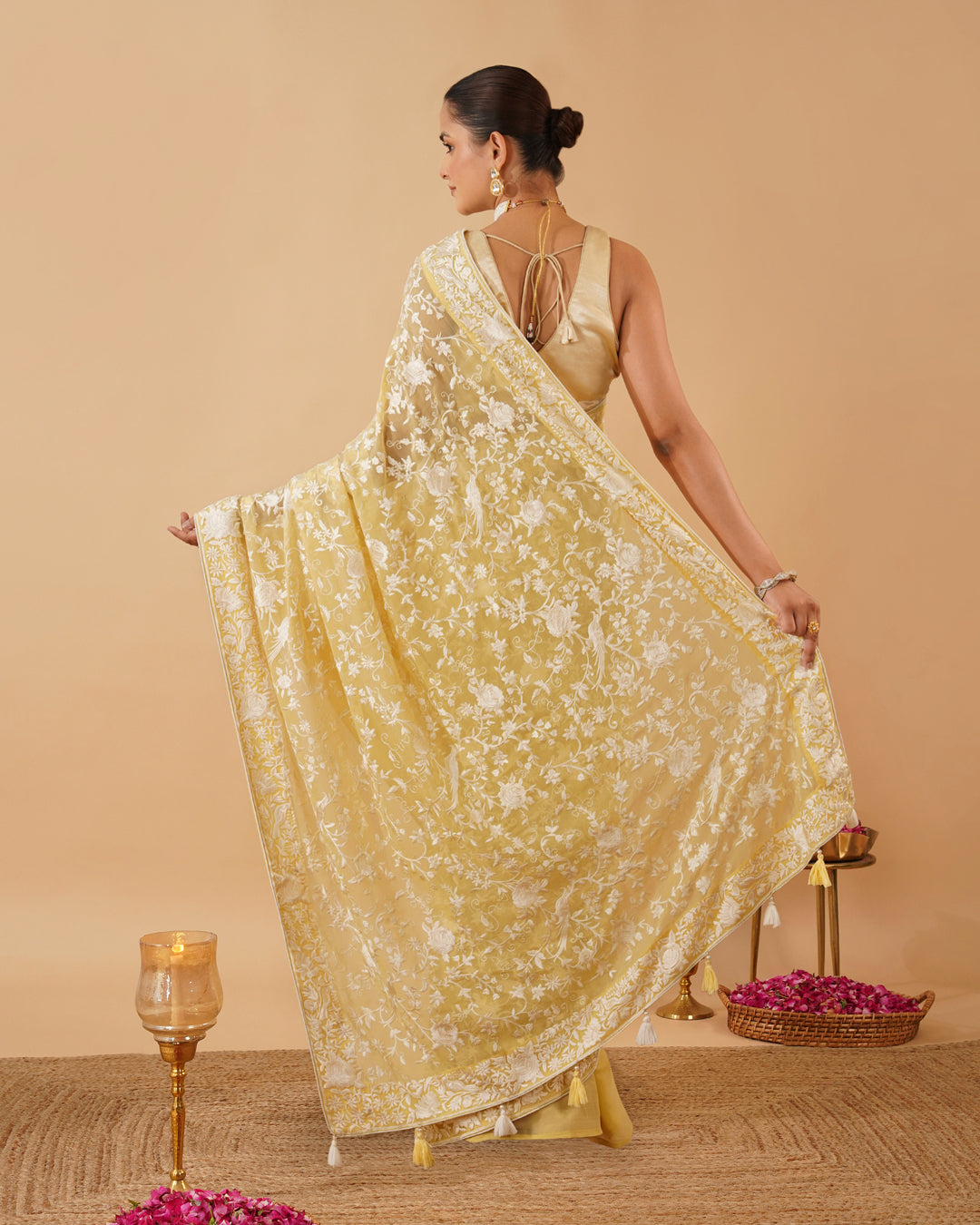 LIGHT YELLOW PARSI (GARA) EMBROIDERED CHIFFON SAREE