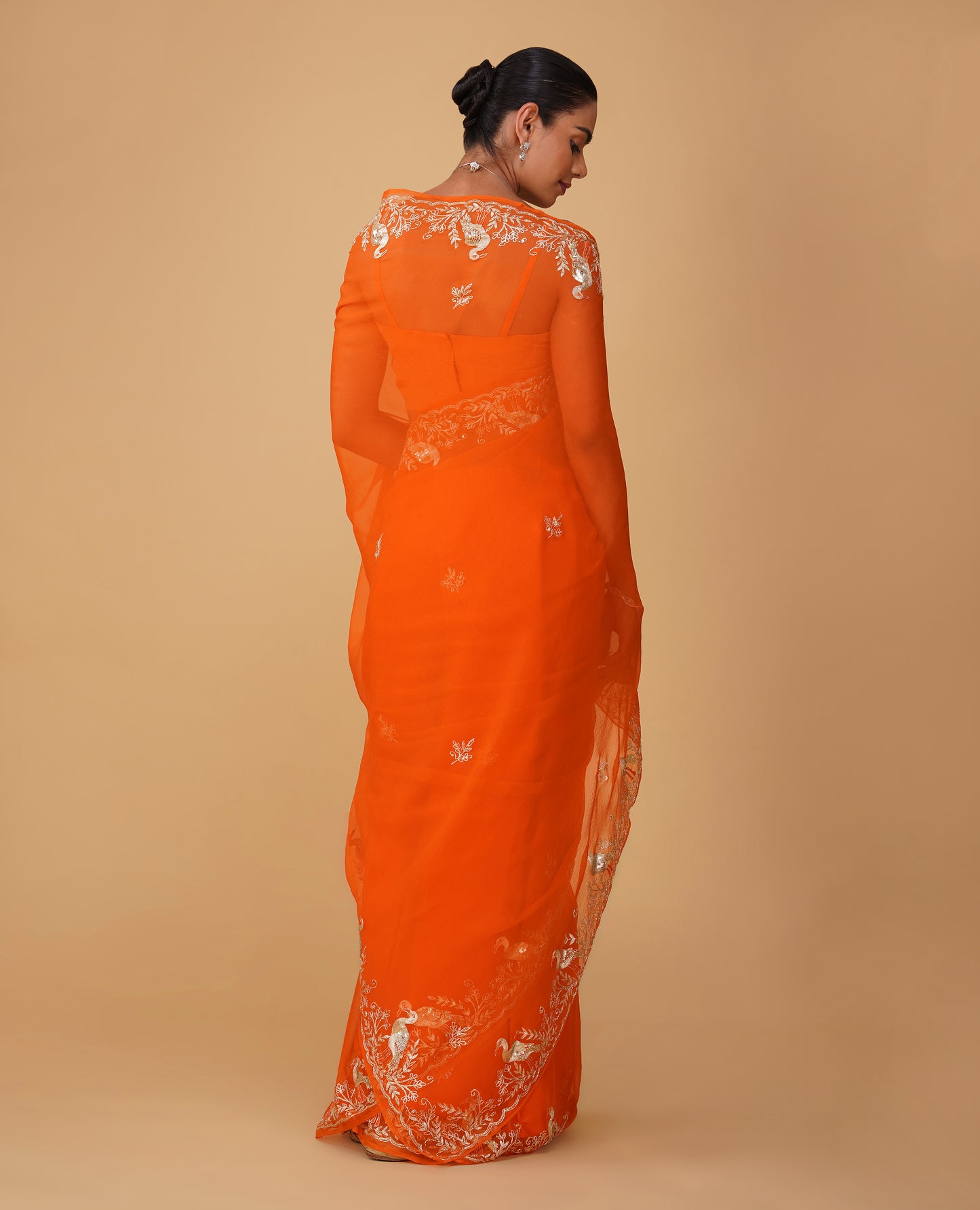 ORANGE CHIFFON SAREE WITH AARI PIPE, AND SEQUINS HAND EMBROIDERED BORDER & MOTIFS