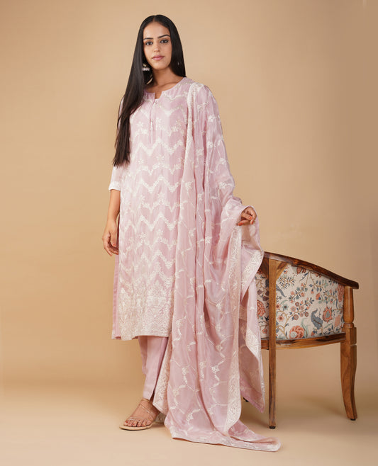 (DELIVERY TIME 20 DAYS) PASTEL PINK RESHAM EMBROIDERED TISSUE READYMADE SUIT WITH DUPATTA & PANTS