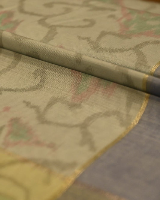 DUSTY AQUA BLUE COLOUR POWERLOOM CHANDERI SAREE WITH IKAT WEAVE PATTERN AND CONTRAST BORDER