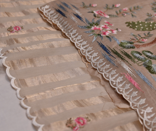 ROSE BEIGE COLOUR CHANDERI RESHAM EMBROIDERED UNSTITCHED SUIT SET WITH GOLD STRIPED DUPATTA & MATCHING BOTTOMS