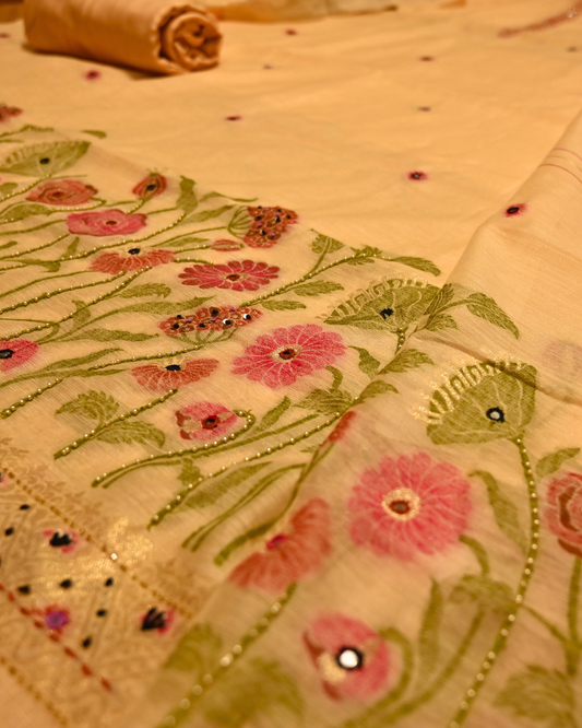 PEACH BLOSSOM RESHAM WEAVE MUNGA SILK UNSTITCHED SUIT WITH BEADS, GLASS TUBES & SEQUINS EMBROIDERY