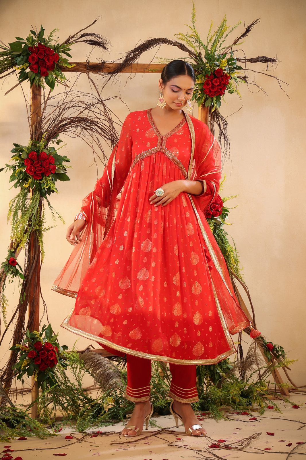 RED COLOUR CHIFFON SIDE SLIT SUIT WITH NET DUPATTA EMBELLISHED WITH CUTDANA & SEQUINS WORK