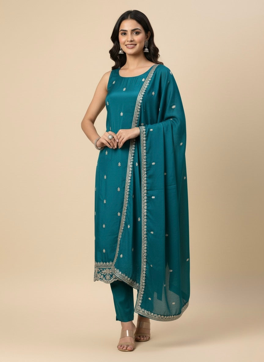 TEAL COLOUR PLANT BASED SILK EMBROIDERED UNSTITCHED SUIT