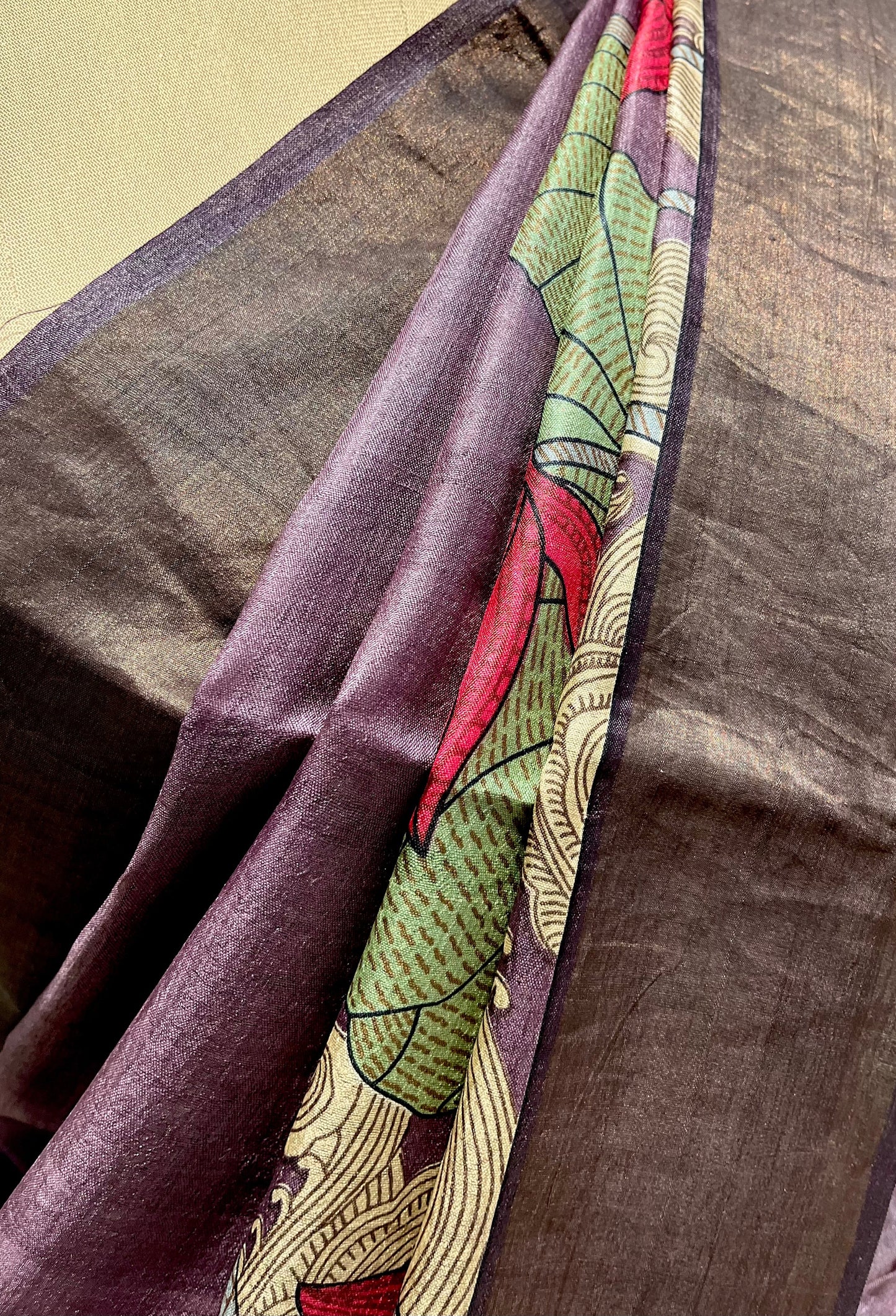 TAUPE MAUVE COLOUR PURE TUSSAR SILK PRINTED SAREE WITH ZARI BORDER