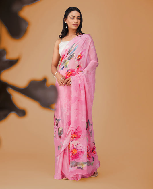 SOFT PINK CHINON FLORAL PRINTED SAREE