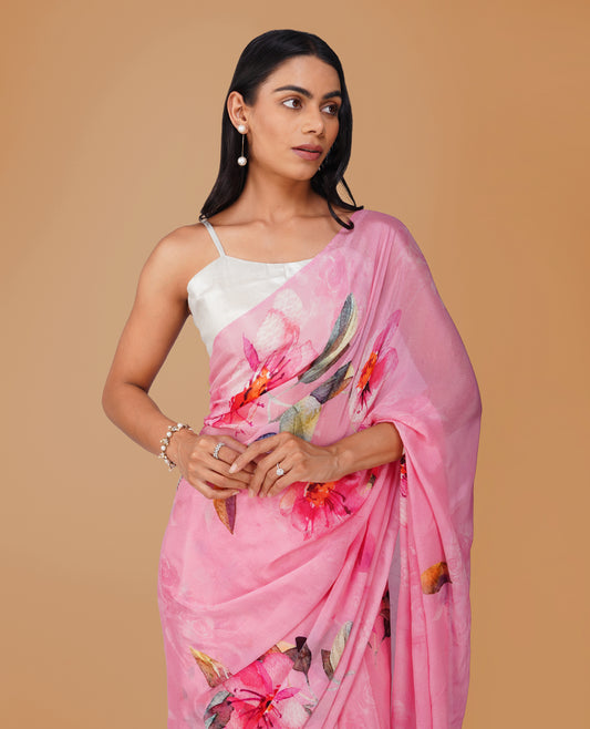 SOFT PINK CHINON FLORAL PRINTED SAREE