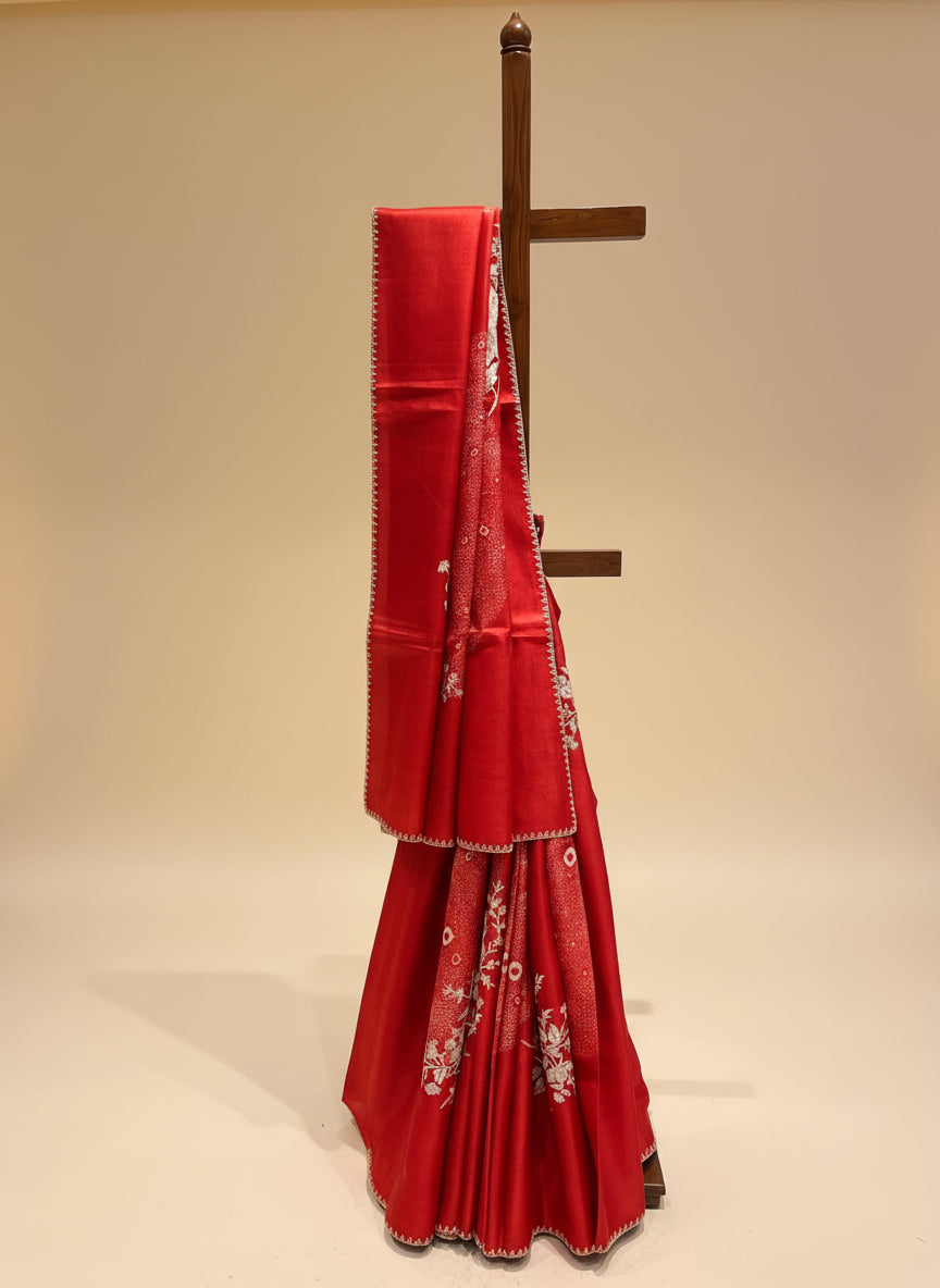 TERRACOTTA RED COLOUR PURE TUSSAR SILK SAREE WITH PARSI EMBROIDERY