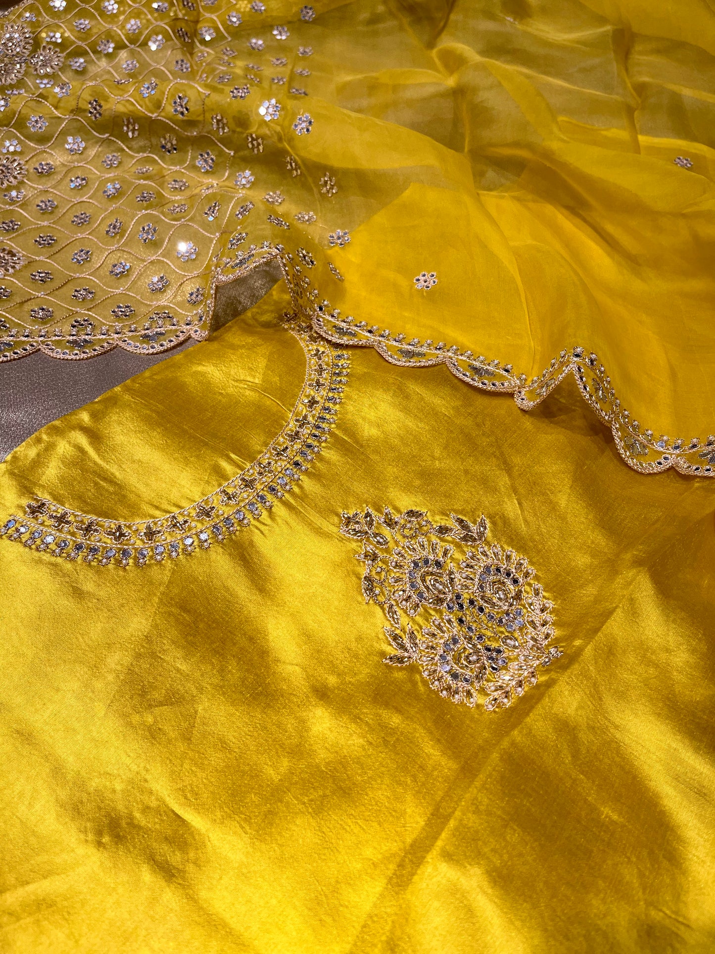BRIGHT YELLOW PURE SILK MIRROR WORK EMBELLISHED UNSTITCHED SUIT WITH CREPE SILK BOTTOM & ORGANZA DUPATTA