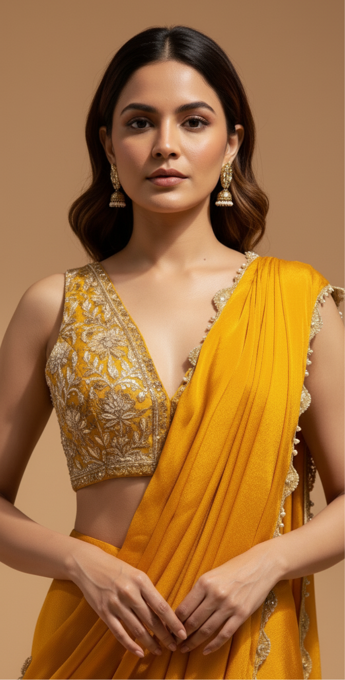 MARIGOLD COLOUR SAREE WITH ZARI & PEARL SCALLOP BORDER AND ZARI EMBROIDERED BLOUSE