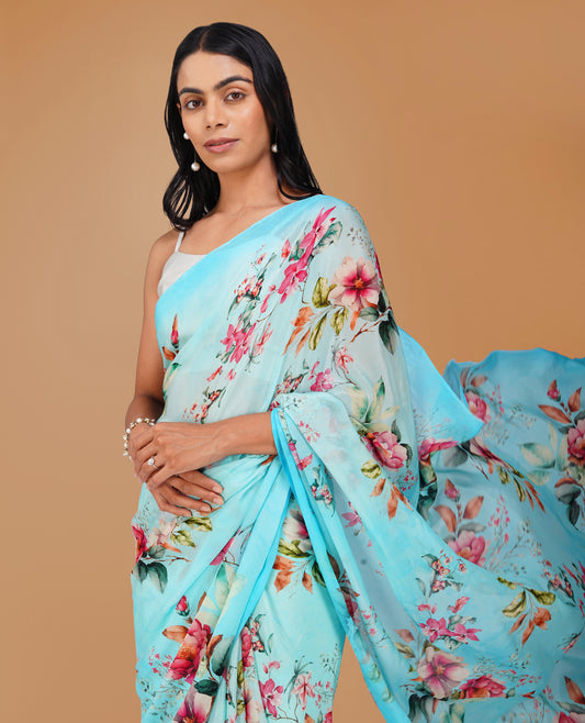 (Deliver in 15days) SKY BLUE FLORAL PRINTED CHINON SAREE WITH PLAIN MATCHING BLOUSE