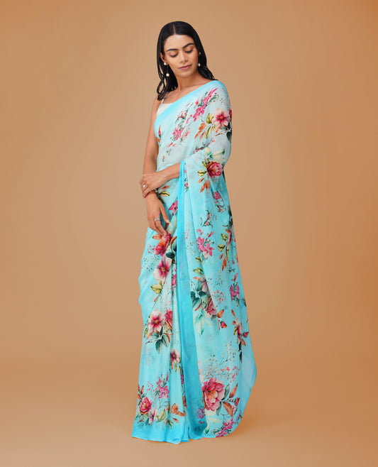 (Deliver in 15days) SKY BLUE FLORAL PRINTED CHINON SAREE WITH PLAIN MATCHING BLOUSE