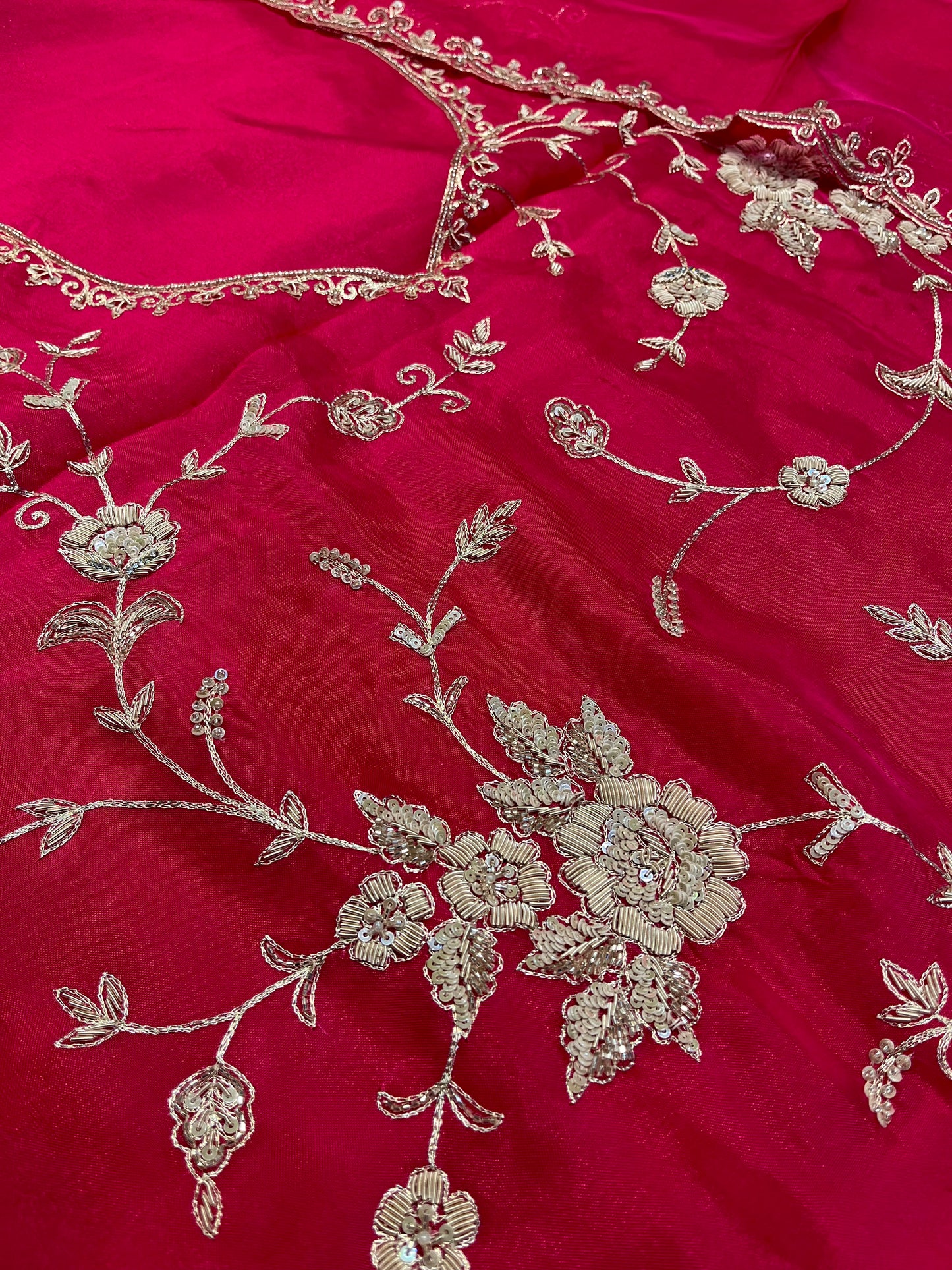 HOT PINK PURE ORGANZA EMBROIDERED UNSTITCHED SUIT WITH ZARDOZI & SEQUIN EMBROIDERY (DELIVERY IN 20 DAYS)