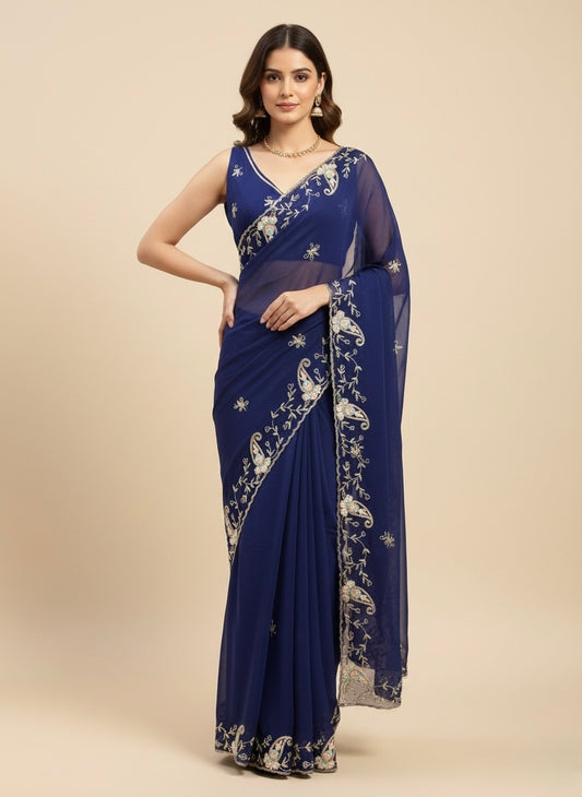 NAVY BLUE CHIFFON EMBROIDERED SAREE WITH SEQUINS, CUTDANA & AARI WORK - Kothari Sons
