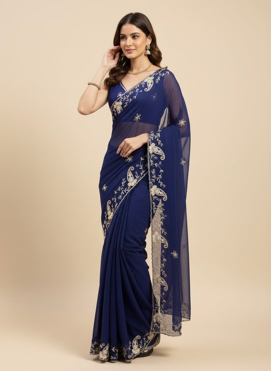 NAVY BLUE CHIFFON EMBROIDERED SAREE WITH SEQUINS, CUTDANA & AARI WORK - Kothari Sons