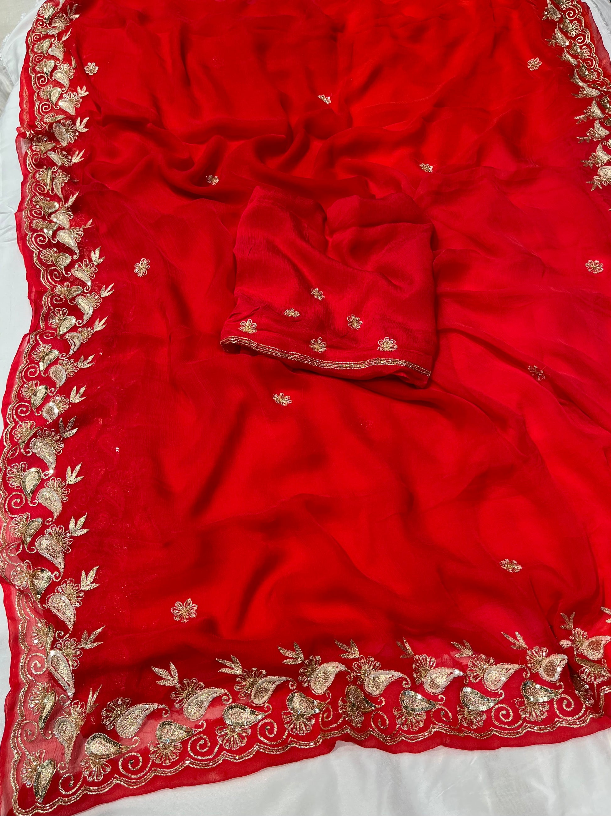 RED CHIFFON EMBROIDERED SAREE WITH SEQUINS & AARI WORK - Kothari Sons
