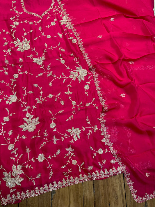HOT PINK PURE ORGANZA EMBROIDERED UNSTITCHED SUIT WITH ZARDOZI & SEQUIN EMBROIDERY (DELIVERY IN 20 DAYS)