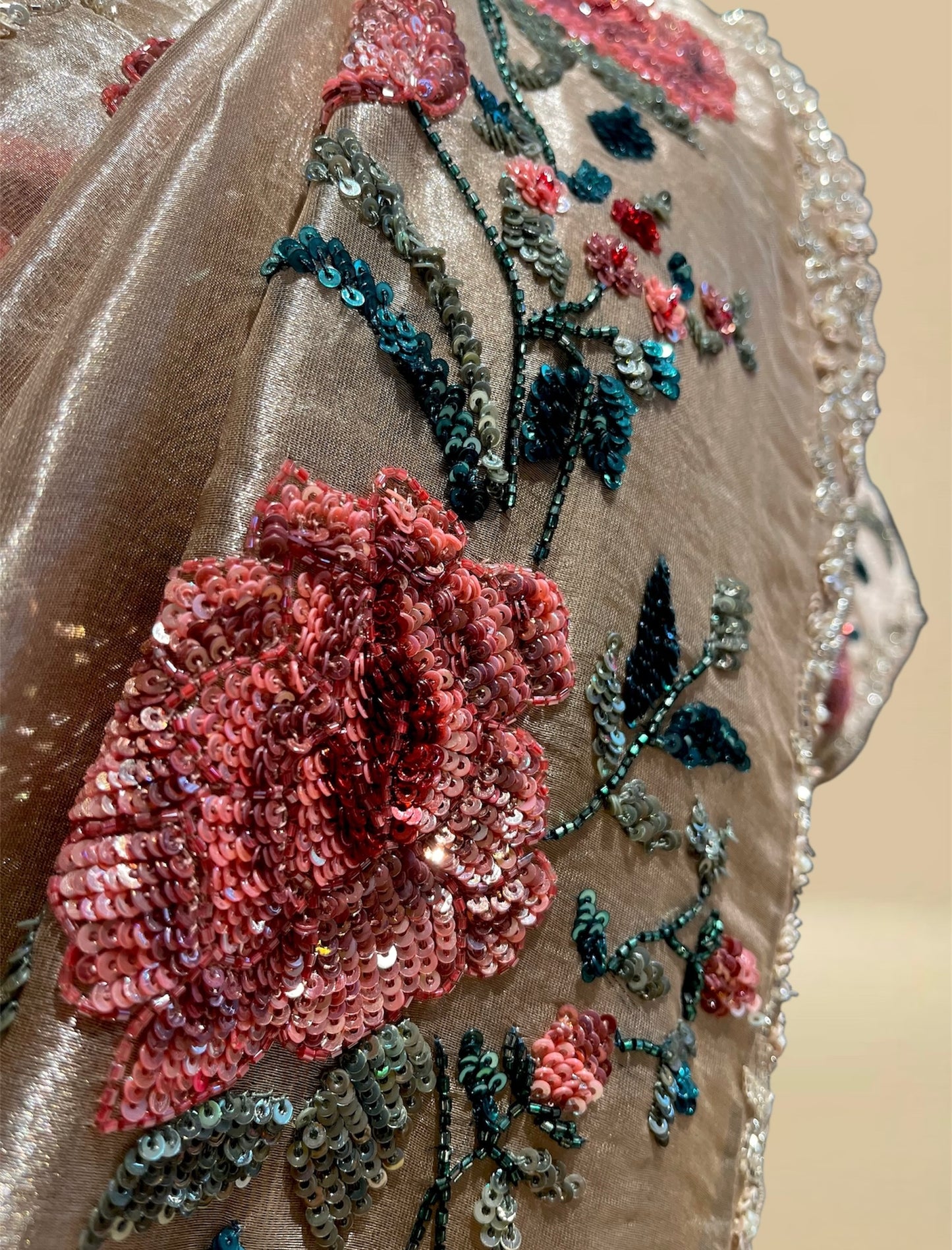 GOLDEN PURE TISSUE SEQUINS WORK HAND EMBROIDERED SAREE WITH READYMADE BLOUSE