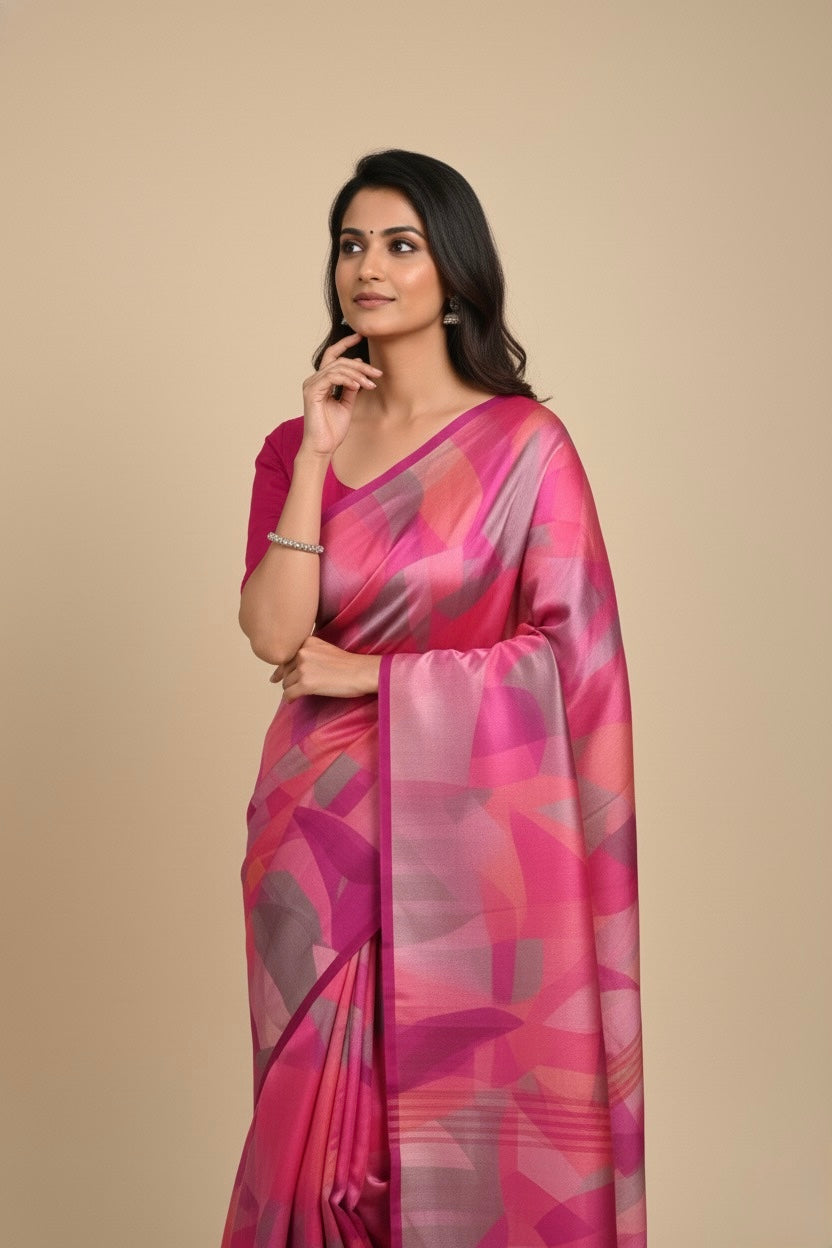 BRIGHT PINK PURE SATIN PRINTED SAREE