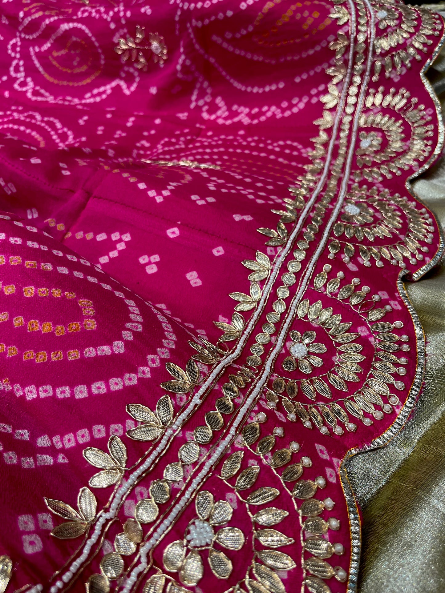 HOT PINK PURE GEORGETTE OJARIYA BANDHANI LEHENGA EMBELLISHED WITH GOTA PATTI & ZARDOZI WORK