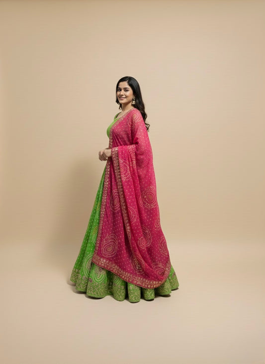 PARROT GREEN AND RANI PINK PURE GEORGETTE OJARIYA LEHENGA WITH GOTA PATTI WORK